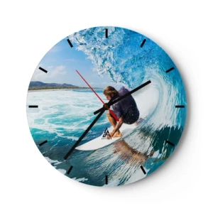 Nástěnné hodiny - Surfař v tunelu vodních vln - 30x30cm - Tančící s vlnami - Moderní nástěnná dekorace do obývacího pokoje, kuchyně a ložnice ARTTOR