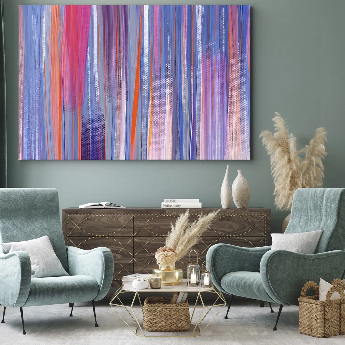 Obraz na plátně - Abstraktní svislé čáry v odstínech modré a růžové - 70x50cm - Naduhuvstoupení - Moderní nástěnná dekorace do obývacího pokoje a ložnice ARTTOR