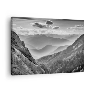 Obraz na plátně - Černobílá horská krajina s mraky nad vrcholky - 70x50cm - Až k obzoru - Moderní nástěnná dekorace do obývacího pokoje a ložnice ARTTOR