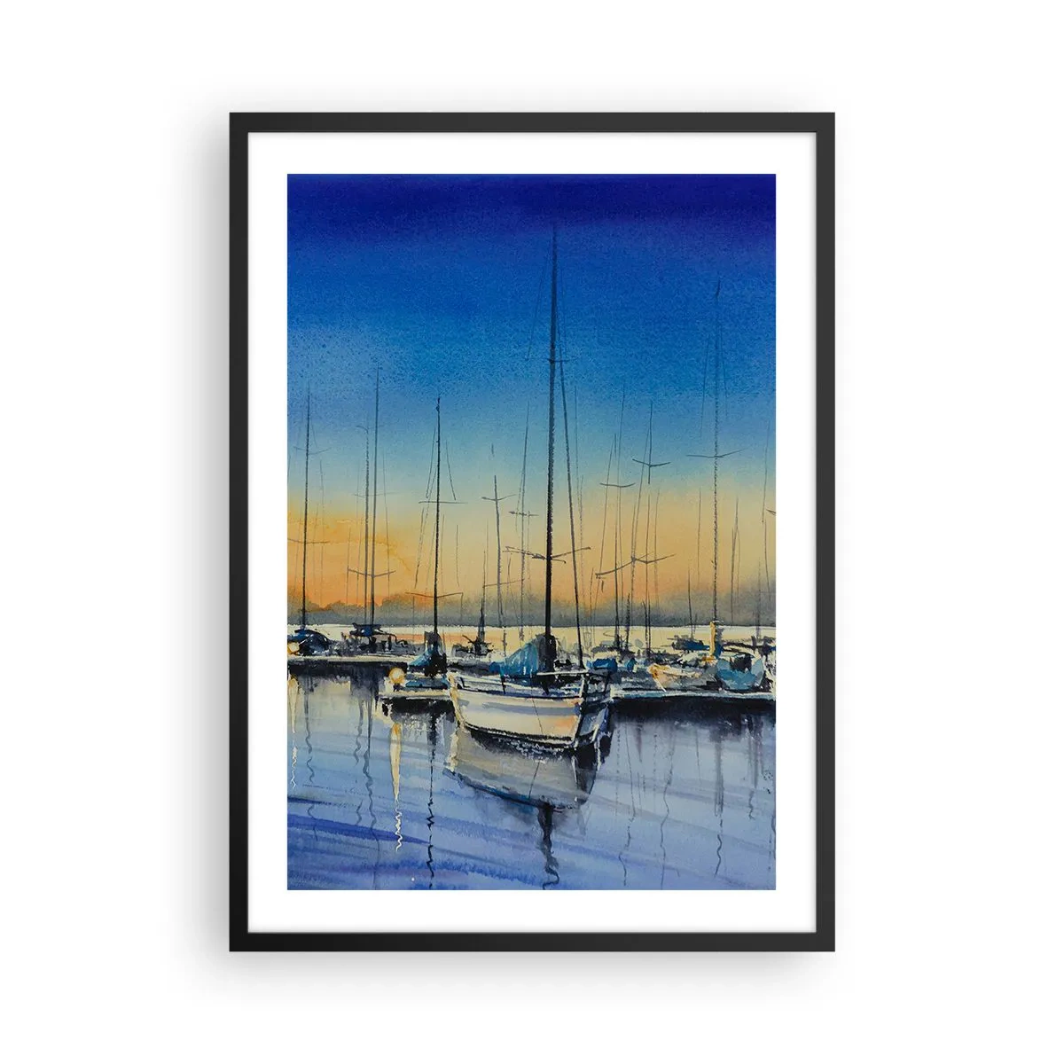 Plakát v černém rámu - Malířská scéna plachetnic v přístavu při západu slunce - 50x70cm - Konec dobrého dne - Moderní nástěnná dekorace do obývacího pokoje a ložnice ARTTOR