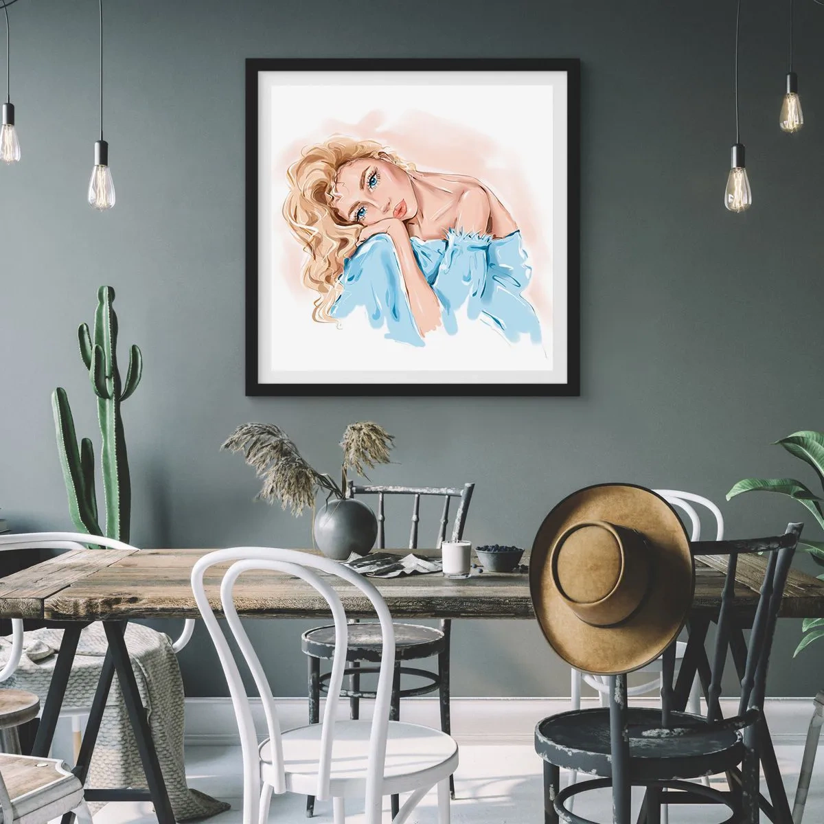 Plakát v černém rámu - Zasněná v modré - 50x50 cm