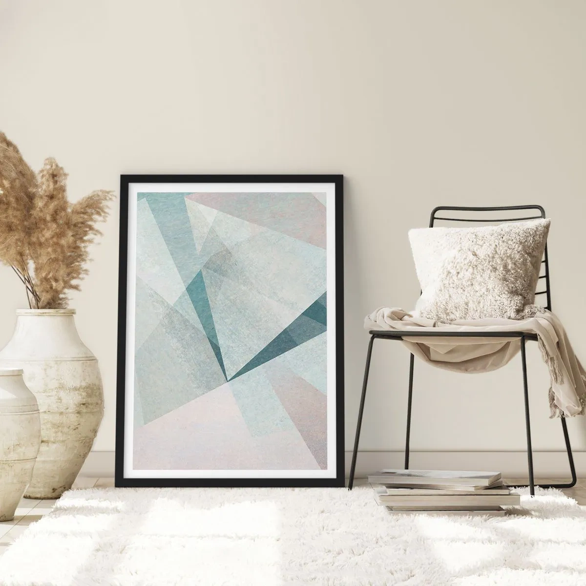 Plakát v černém rámu - Geometrické tvary v pastelových odstínech - 50x70cm - V klidu, ale dynamicky - Moderní nástěnná dekorace do obývacího pokoje a ložnice ARTTOR