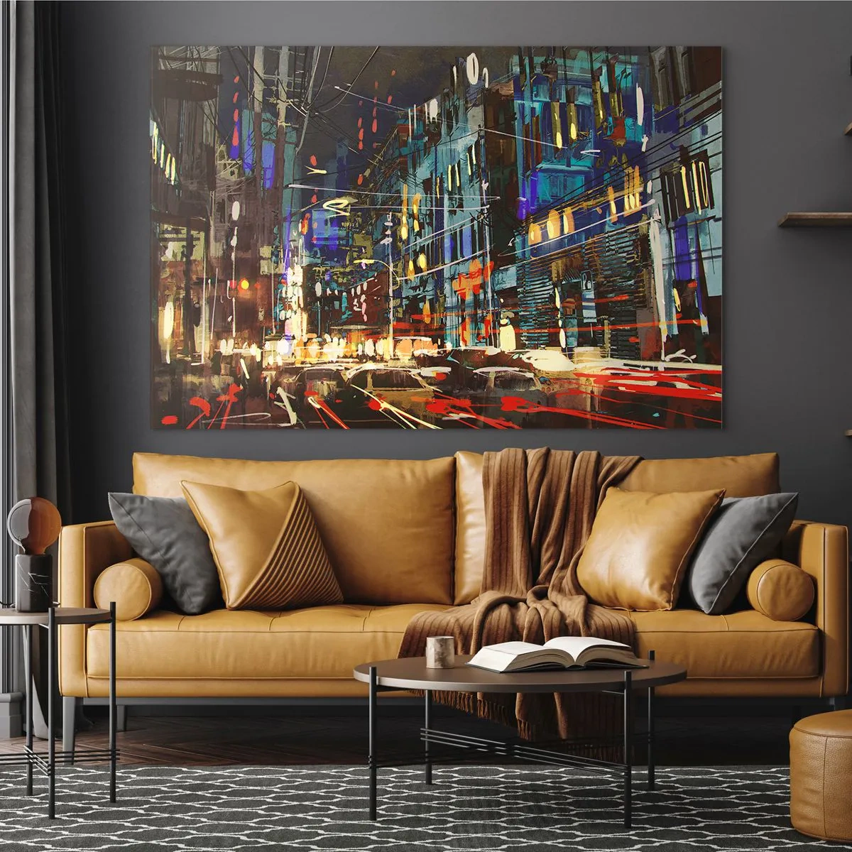 Obraz na skle - Večerní městská ulice s neonovými světly a dopravou - 70x50cm - Večerní pouliční ruch - Moderní nástěnná dekorace do obývacího pokoje a ložnice ARTTOR