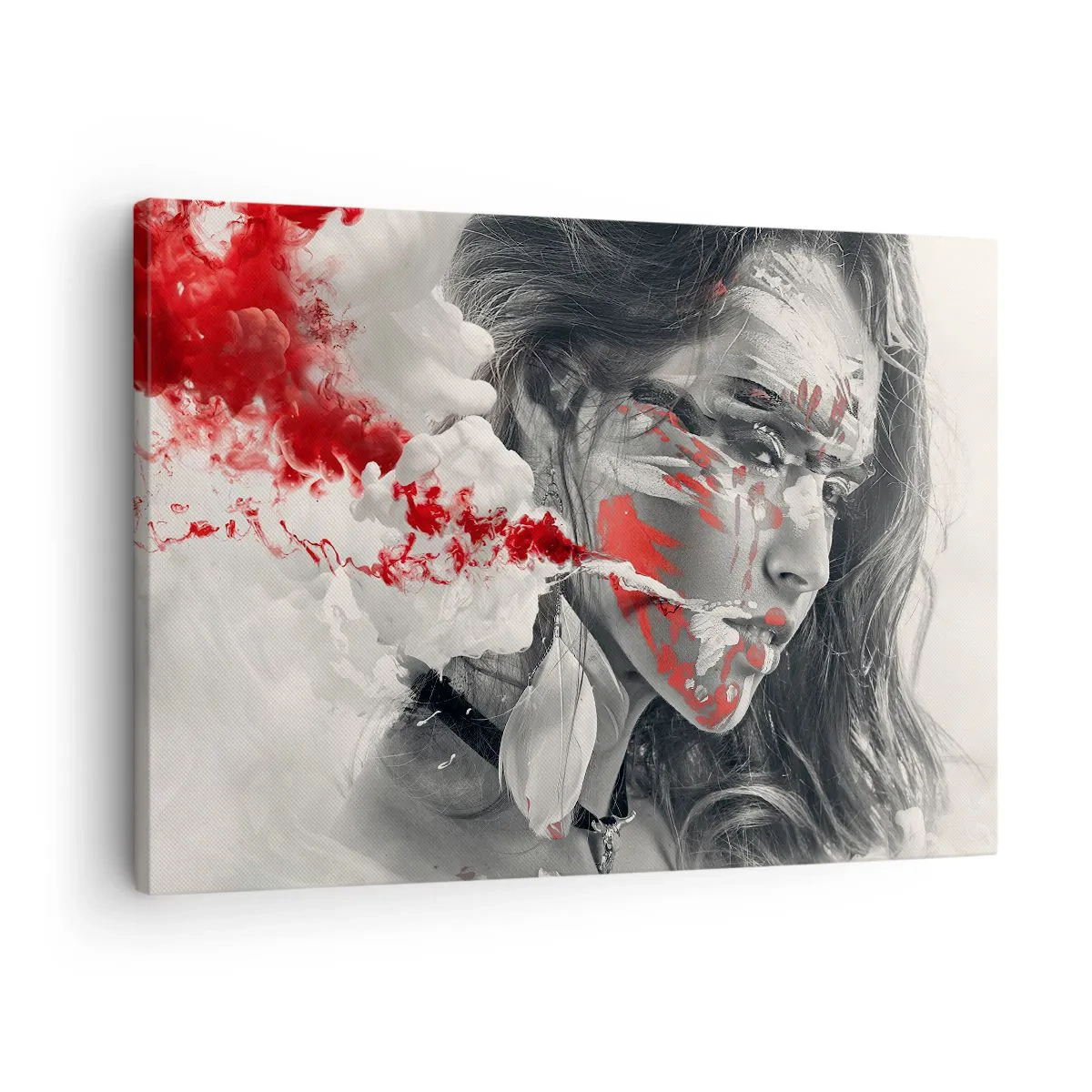 Obraz na plátně - Umělecký portrét ženy s abstraktními červenými akcenty - 70x50cm - Ve spárech absurdity - Moderní nástěnná dekorace do obývacího pokoje a ložnice ARTTOR