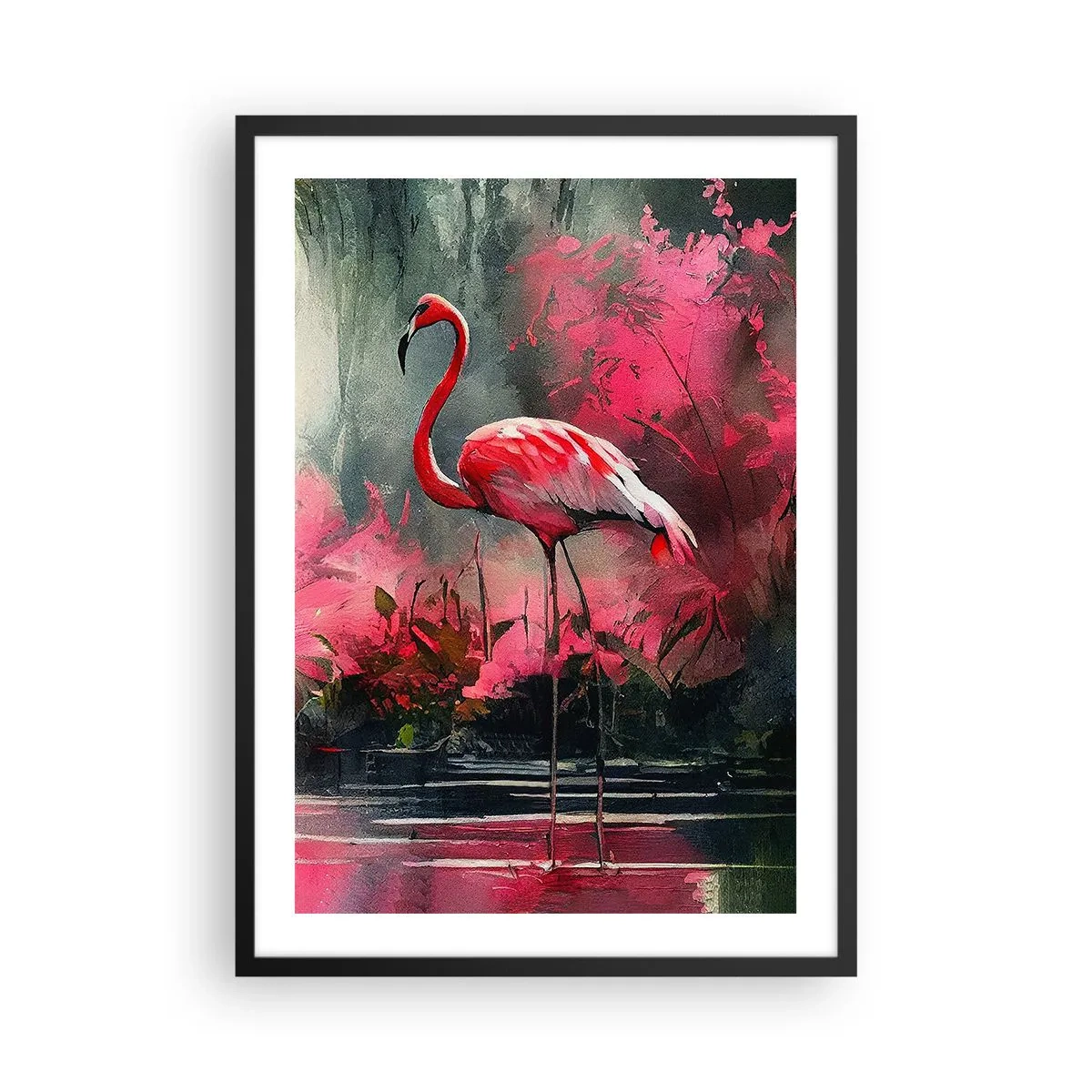 Plakát v černém rámu - Plameňák obklopený růžovou vegetací u vody - 50x70cm - Hodiny přírodního kouzla - Moderní nástěnná dekorace do obývacího pokoje a ložnice ARTTOR