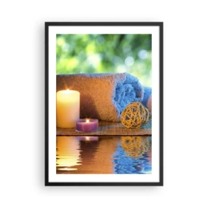 Plakát v černém rámu - Svíčky a ručník proti přírodní krajině - 50x70cm - Čas pro tělo - Moderní nástěnná dekorace do obývacího pokoje a ložnice ARTTOR