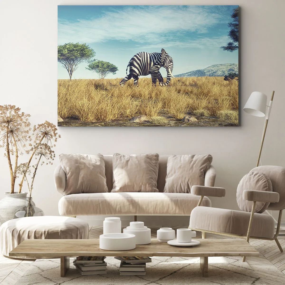 Obraz na plátně - Zebra v africké krajině - 70x50cm - Šedá už není v módě - Moderní nástěnná dekorace do obývacího pokoje a ložnice ARTTOR