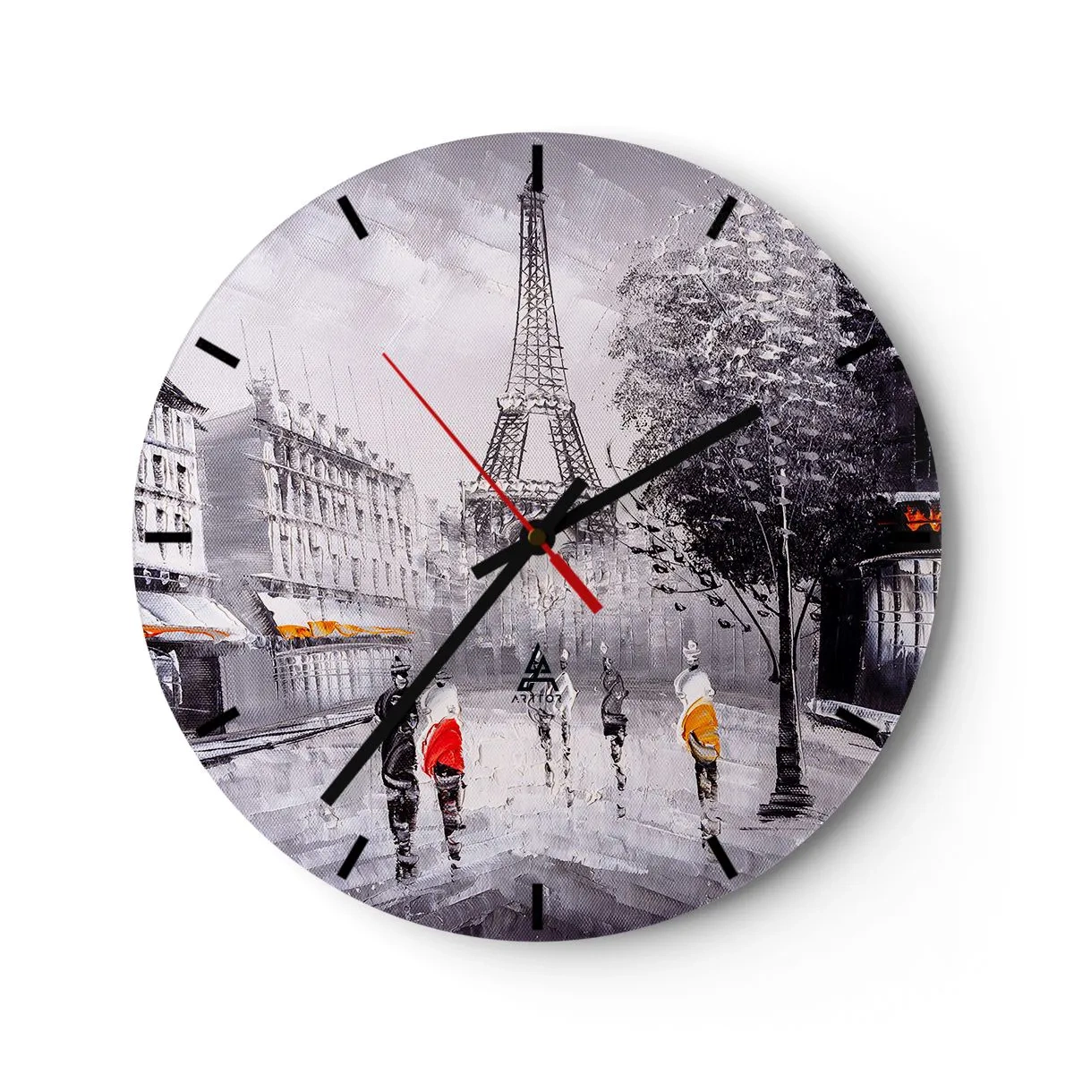 Nástěnné hodiny - Ulice v Paříži s Eiffelovou věží v pozadí - 30x30cm - Pařížská procházka - Moderní nástěnná dekorace do obývacího pokoje, kuchyně a ložnice ARTTOR