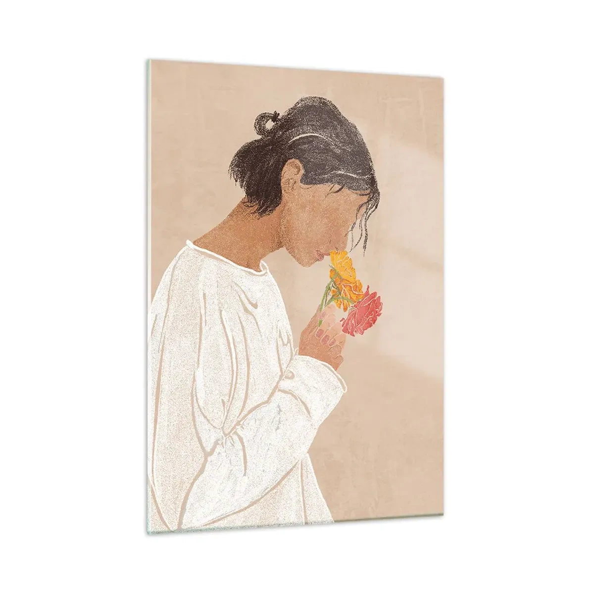 Obraz na skle - Dívka a květiny - 50x70 cm