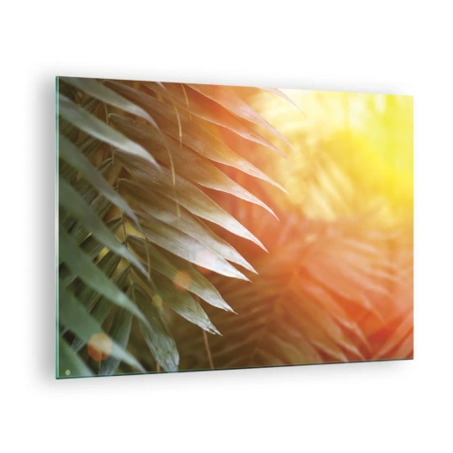 Obraz na skle - Palmové listy v záři ranního slunce v tropickém prostředí - 70x50cm - Ráno v džungli - Moderní nástěnná dekorace do obývacího pokoje a ložnice ARTTOR