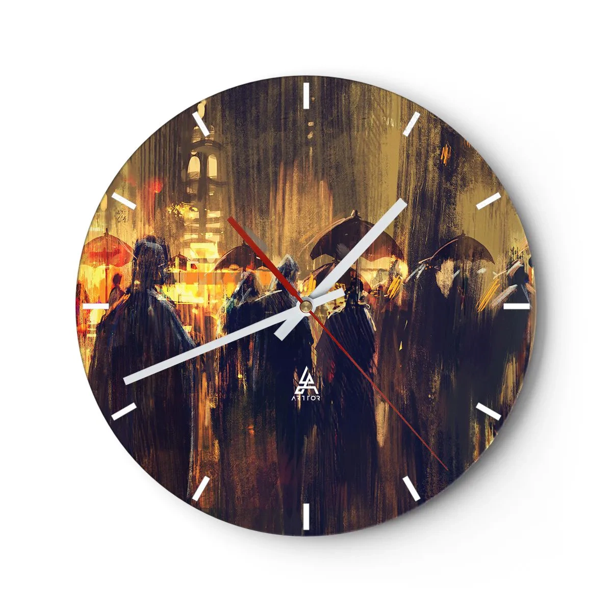 Nástěnné hodiny - Dav lidí pod deštníky na pozadí nočního města - 30x30cm - Následovníci deště - Moderní nástěnná dekorace do obývacího pokoje, kuchyně a ložnice ARTTOR