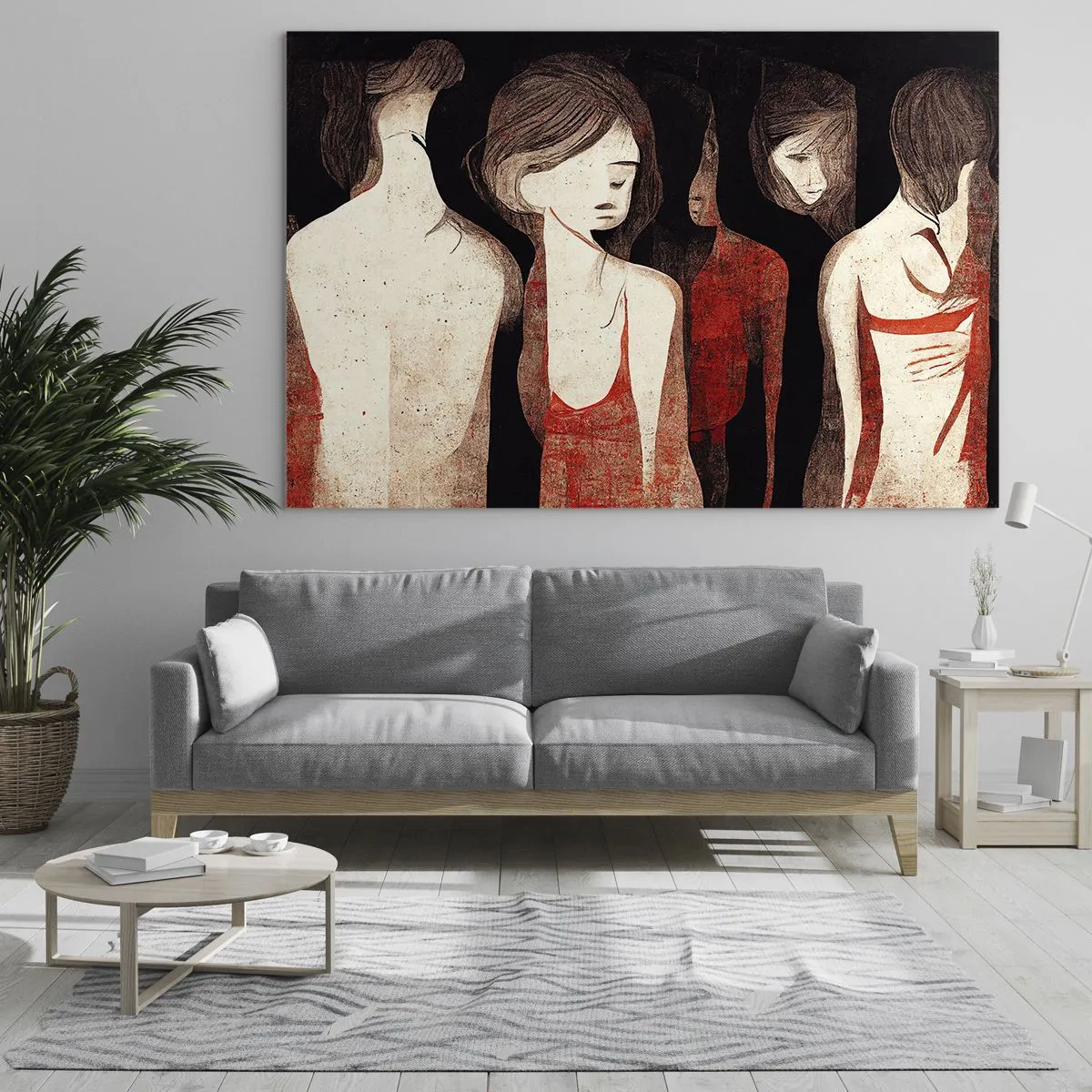Obraz na skle - Abstraktní ženské siluety v červené barvě na černém pozadí - 70x50cm - Madony z temnoty - Moderní nástěnná dekorace do obývacího pokoje a ložnice ARTTOR