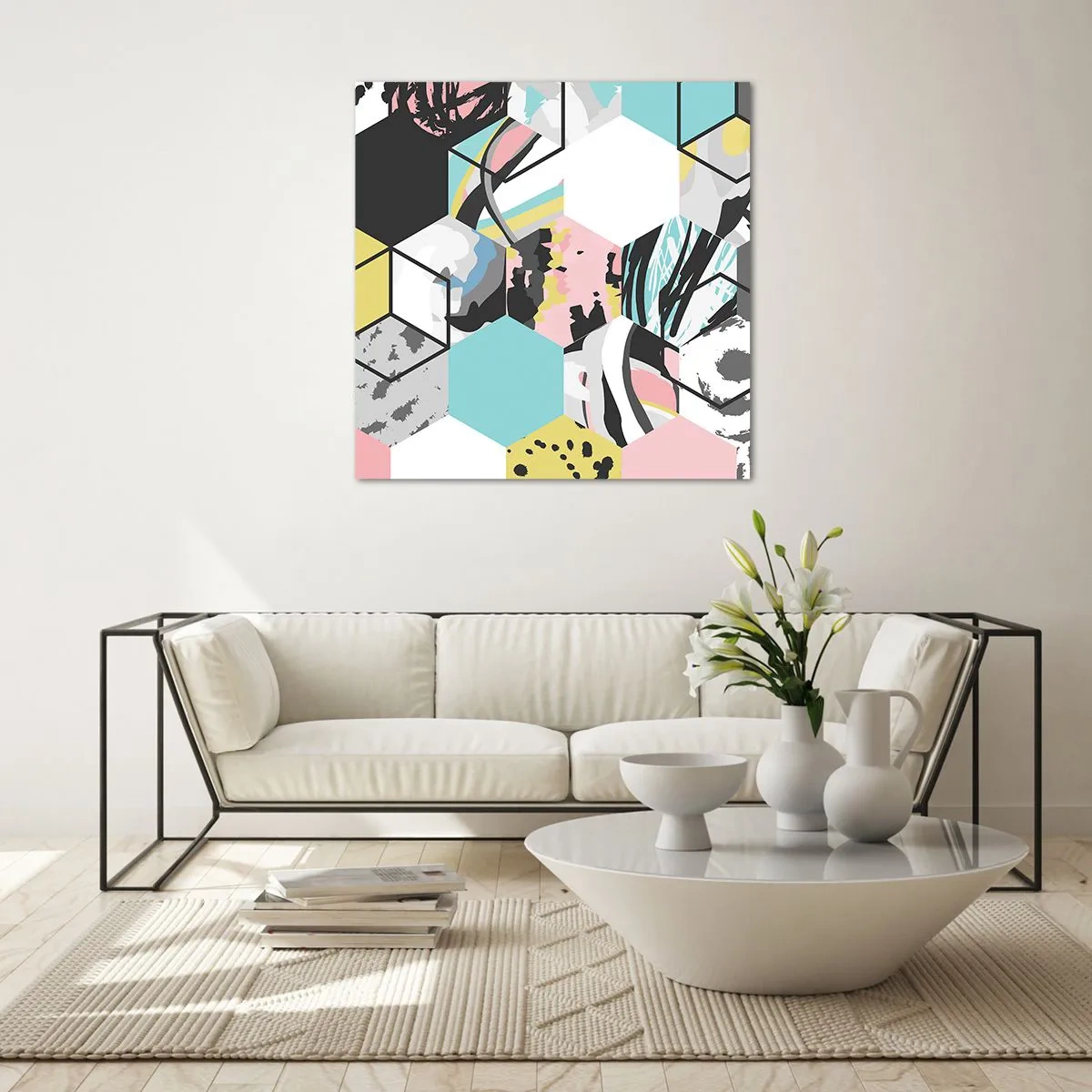 Obraz na skle - Šestiúhelníky a krychle v šesti barvách - 50x50 cm