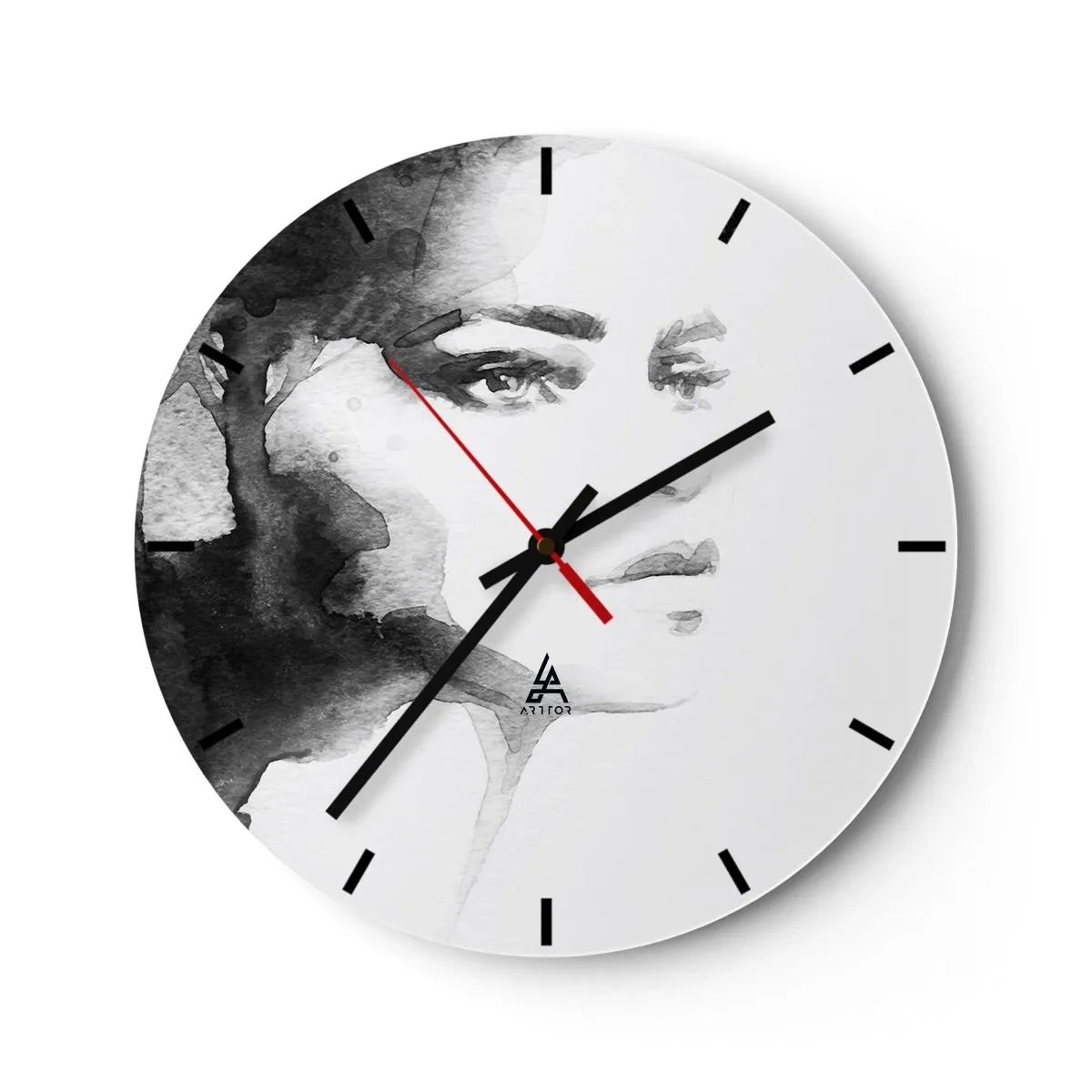 Nástěnné hodiny - Černobílý akvarelový portrét ženy - 30x30cm - Vytvořená z tajemství a mlhy - Moderní nástěnná dekorace do obývacího pokoje, kuchyně a ložnice ARTTOR