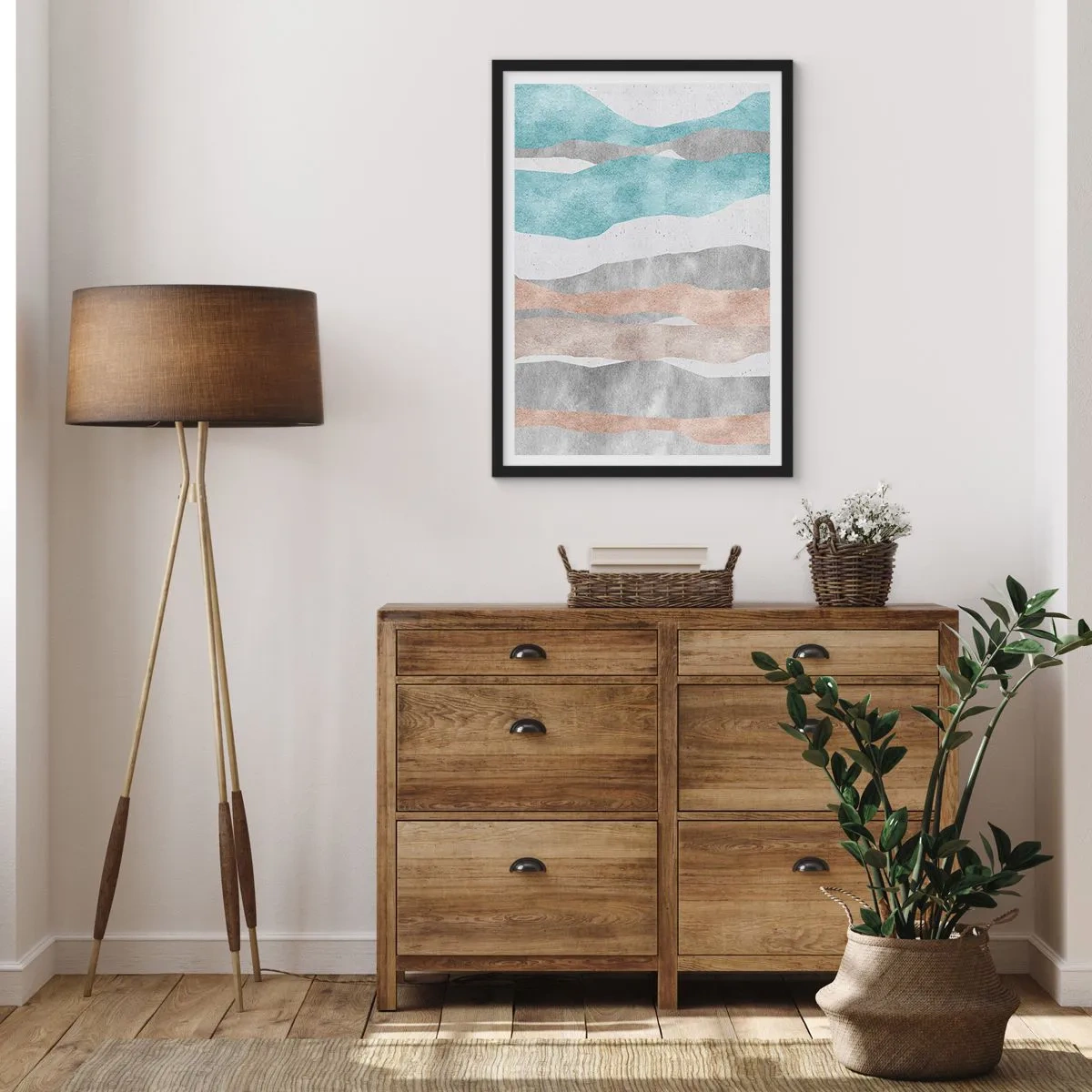 Plakát v černém rámu - Minimalistické vlny v odstínech modré a béžové - 50x70cm - Studie blízkosti - Moderní nástěnná dekorace do obývacího pokoje a ložnice ARTTOR