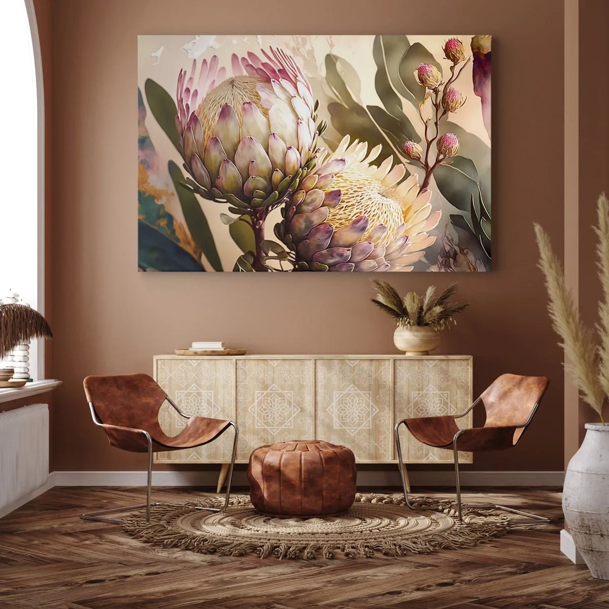Obraz na plátně - Barevné květy protey na jemném pozadí - 70x50cm - Něžně objaté - Moderní nástěnná dekorace do obývacího pokoje a ložnice ARTTOR