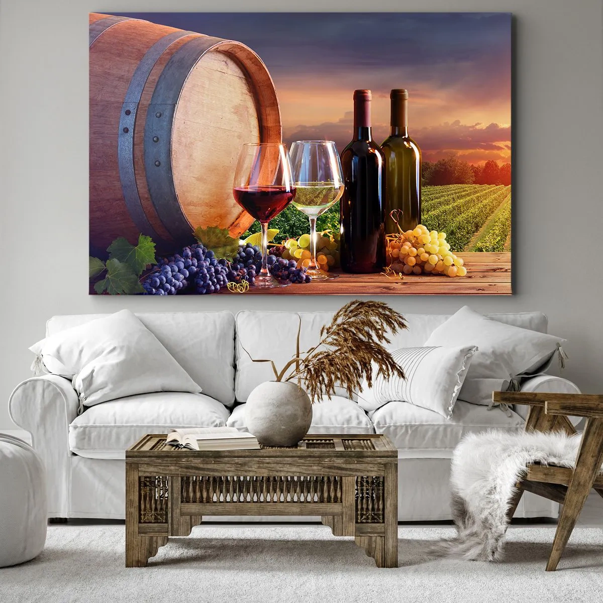 Obraz na plátně - Víno, sklenice a sud v malebné krajině - 70x50cm - Tady má život chuť - Moderní nástěnná dekorace do obývacího pokoje a ložnice ARTTOR