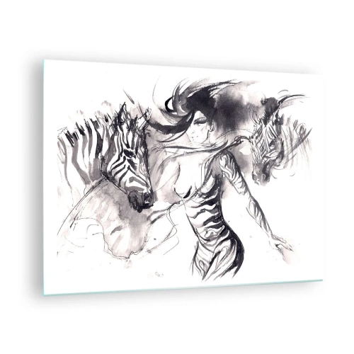 Obraz na skle - Černobílá kompozice se ženou a zebrou v uměleckém stylu - 70x50cm - Tančící se zebrami - Moderní nástěnná dekorace do obývacího pokoje a ložnice ARTTOR