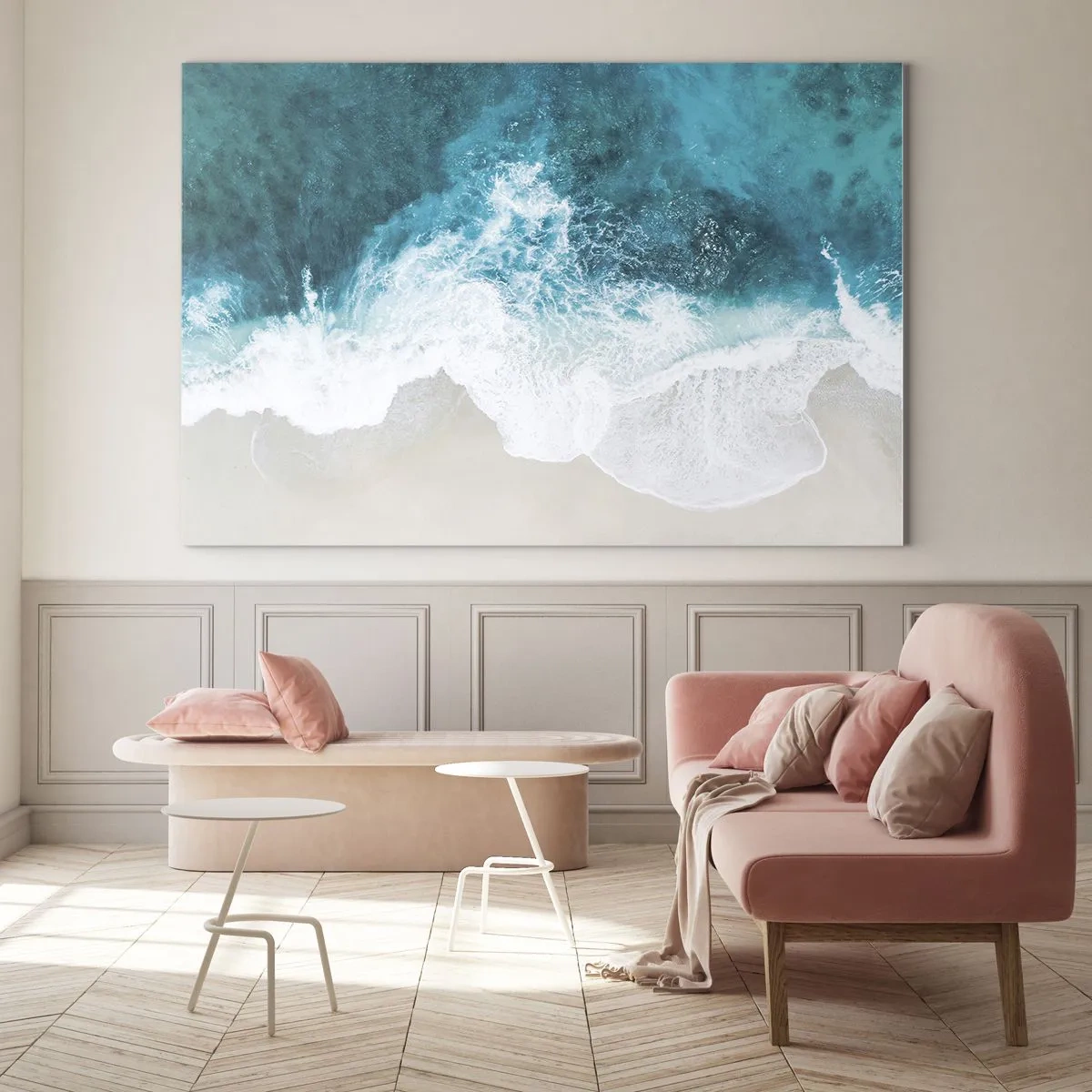 Obraz na skle - Letecký snímek mořských vln narážejících do břehu - 70x50cm - Přirozené pohlazení - Moderní nástěnná dekorace do obývacího pokoje a ložnice ARTTOR