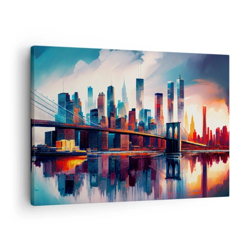 Obraz na plátně - Panorama New Yorku s mostem a odrazem ve vodě - 70x50cm - Famózní New York - Moderní nástěnná dekorace do obývacího pokoje a ložnice ARTTOR