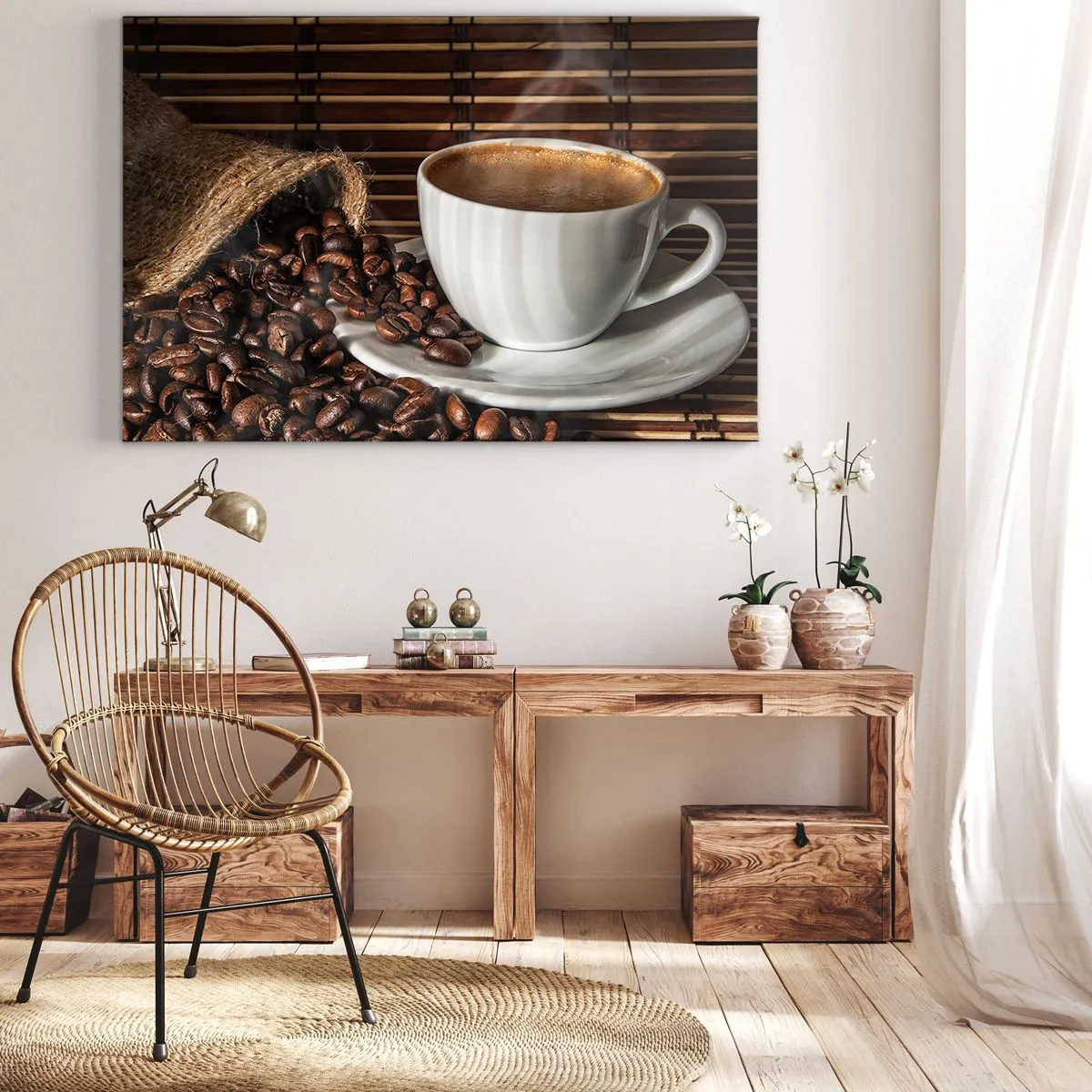 Obraz na plátně - Šálek kávy s fazolemi na bambusovém pozadí - 70x50cm - Černost uhlí, průzračnost jantaru - Moderní nástěnná dekorace do obývacího pokoje a ložnice ARTTOR