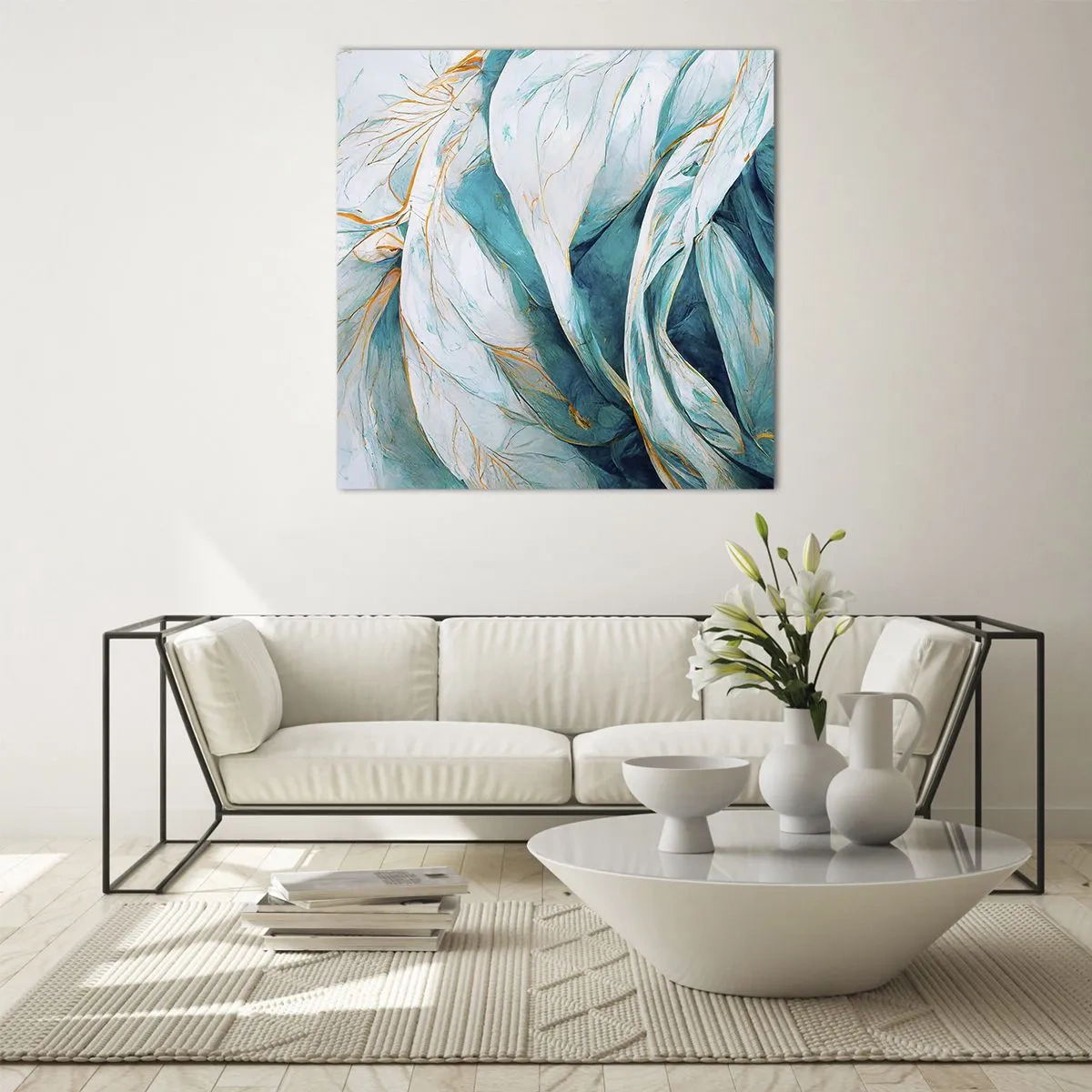 Obraz na skle - Modrá abstrakce se zlatým motivem - 70x70 cm