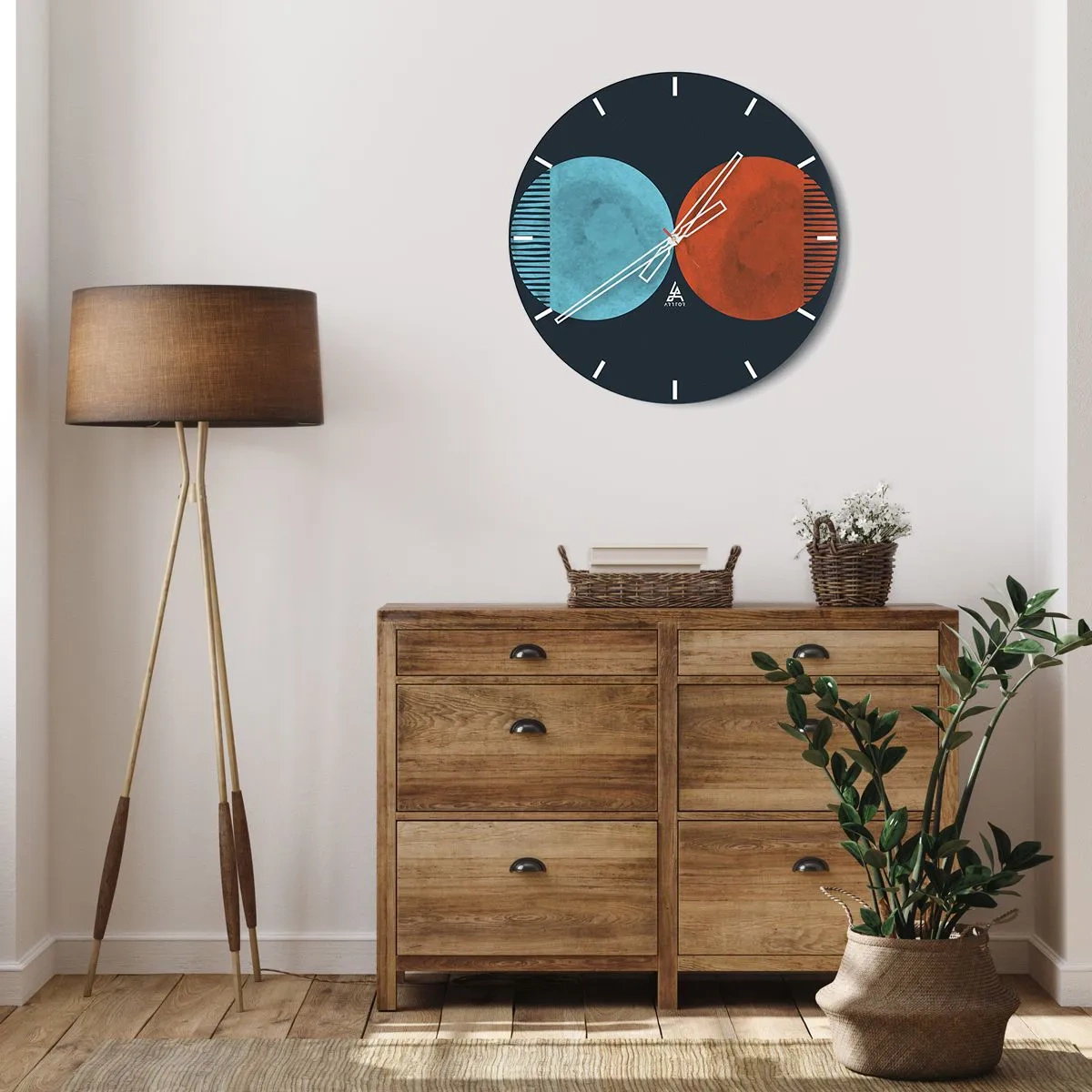 Nástěnné hodiny - Kombinace modrých a červených kruhů s geometrickými čarami - 30x30cm - Pouze geometrie? - Moderní nástěnná dekorace do obývacího pokoje, kuchyně a ložnice ARTTOR