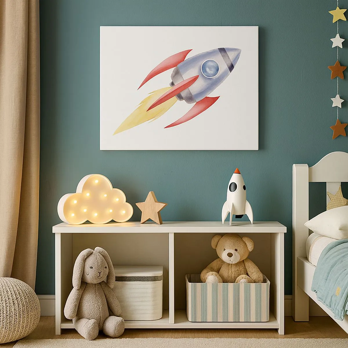 Obraz na plátně - Raketa ve stylu akvarelu na bílém pozadí - 70x50cm - Výš, rychleji, dál - Moderní nástěnná dekorace do obývacího pokoje a ložnice ARTTOR