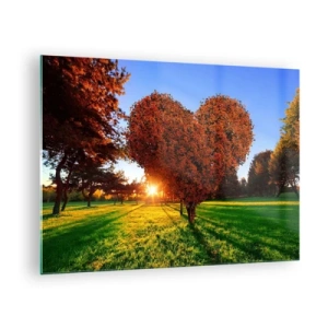 Obraz na skle - Strom ve tvaru srdce na pozadí zapadajícího slunce - 70x50cm - Jak nemilovat podzim - Moderní nástěnná dekorace do obývacího pokoje a ložnice ARTTOR