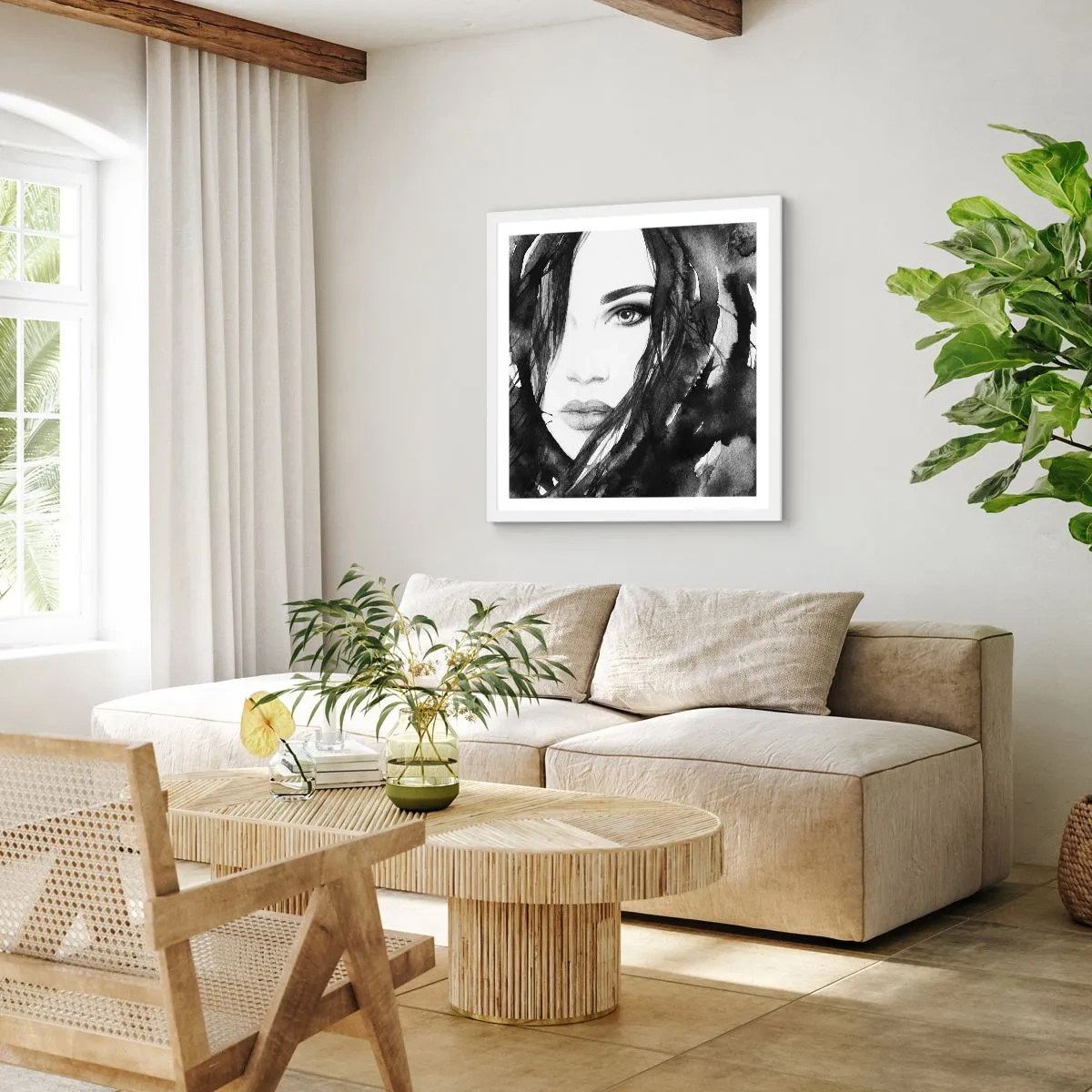 Plakát v bílém rámu - Portrét dámy v černé a bílé - 50x50 cm