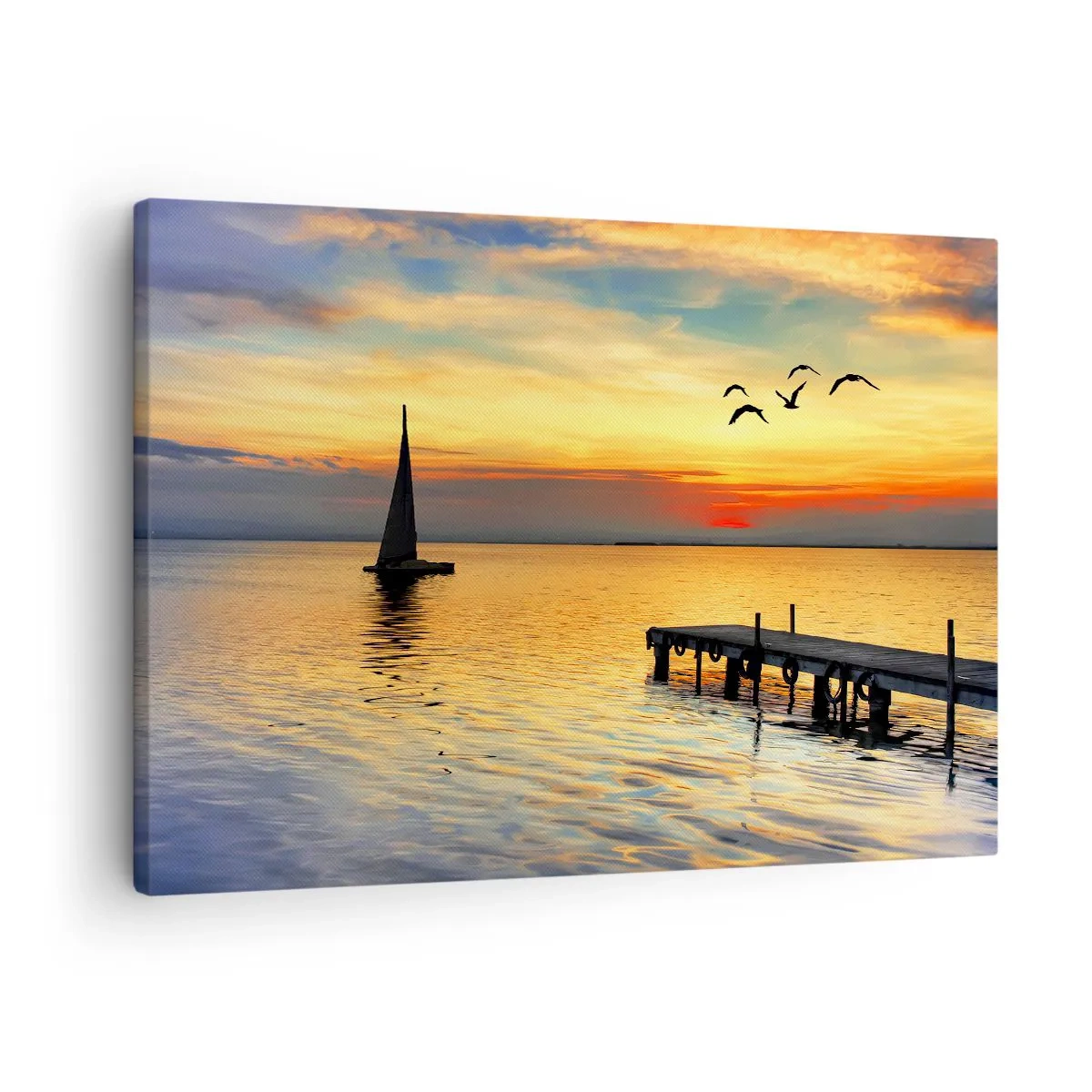 Obraz na plátně - Západ slunce s plachetnicí a molem na klidném jezeře - 70x50cm - Večerní návraty - Moderní nástěnná dekorace do obývacího pokoje a ložnice ARTTOR