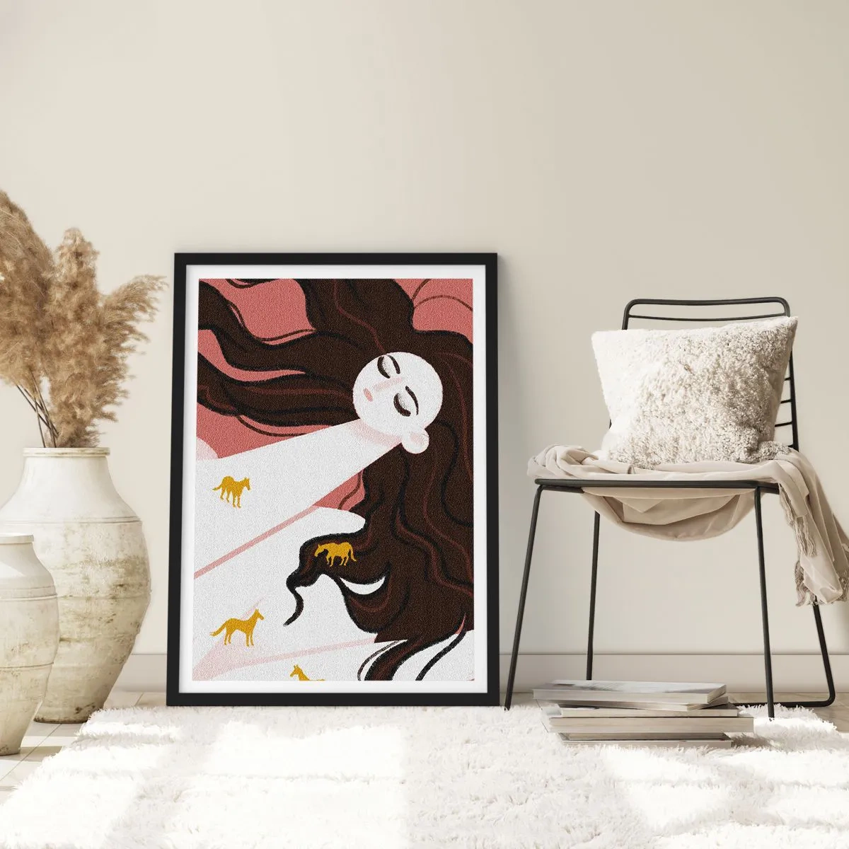 Plakát v černém rámu - Zasněná žena s dlouhými vlasy a zlatými koňmi - 50x70cm - Sen o zlatém koni - Moderní nástěnná dekorace do obývacího pokoje a ložnice ARTTOR