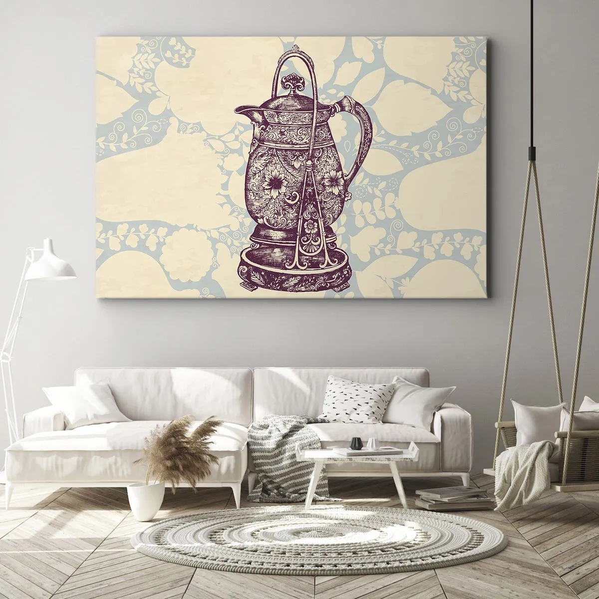 Obraz na plátně - Stylizovaný džbán s ornamenty na květinovém pozadí - 70x50cm - Krása všedního dne - Moderní nástěnná dekorace do obývacího pokoje a ložnice ARTTOR