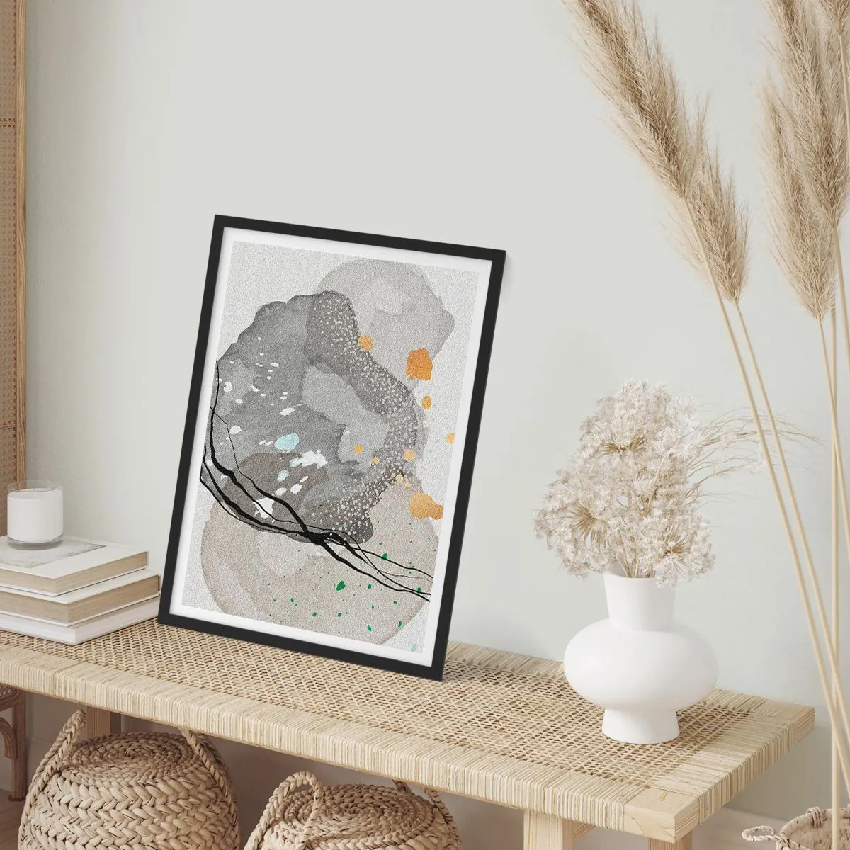 Plakát v černém rámu - Kompozice organických tvarů v odstínech šedé a zlaté. - 50x70cm - Organická kompozice - Moderní nástěnná dekorace do obývacího pokoje a ložnice ARTTOR