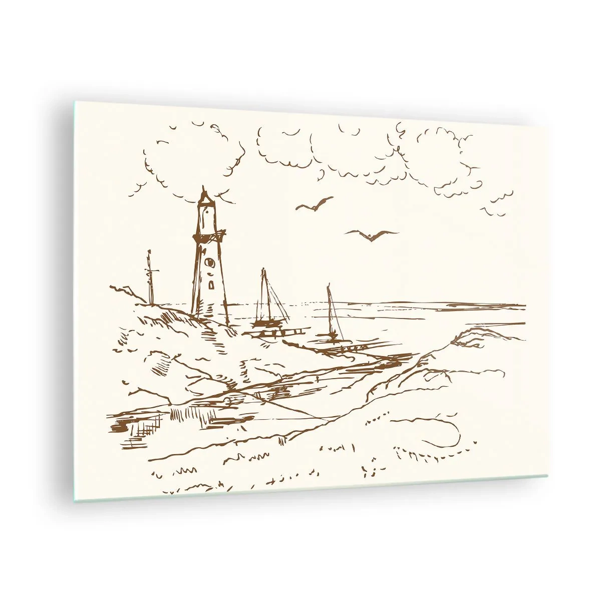 Obraz na skle - Náčrt majáku v přímořské krajině - 70x50cm - Náčrt letních vzpomínek - Moderní nástěnná dekorace do obývacího pokoje a ložnice ARTTOR