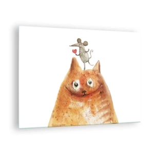 Obraz na skle - Kočka s myší na hlavě v humorném stylu - 70x50cm - Paradoxy lásky - Moderní nástěnná dekorace do obývacího pokoje a ložnice ARTTOR