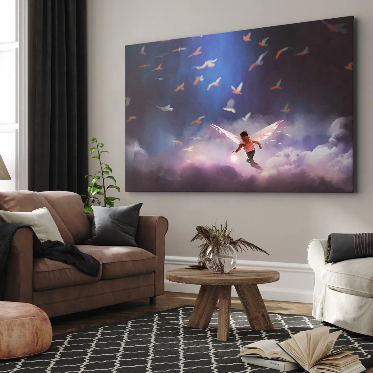 Obraz na plátně - Postava s andělskými křídly vznášející se mezi ptáky na obloze - 70x50cm - Je třeba mít odvahu a představivost - Moderní nástěnná dekorace do obývacího pokoje a ložnice ARTTOR