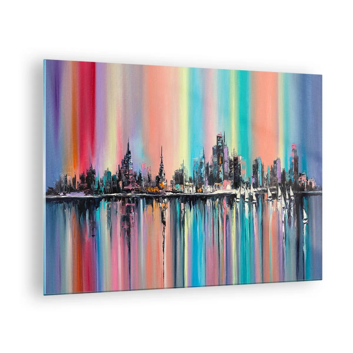 Obraz na skle - Abstraktní panorama města s vícebarevným pozadím - 70x50cm - Noční proud světla - Moderní nástěnná dekorace do obývacího pokoje a ložnice ARTTOR