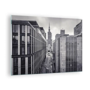 Obraz na skle - Černobílý pohled na město s mrakodrapy a ulicí - 70x50cm - Varšavské údolí - Moderní nástěnná dekorace do obývacího pokoje a ložnice ARTTOR