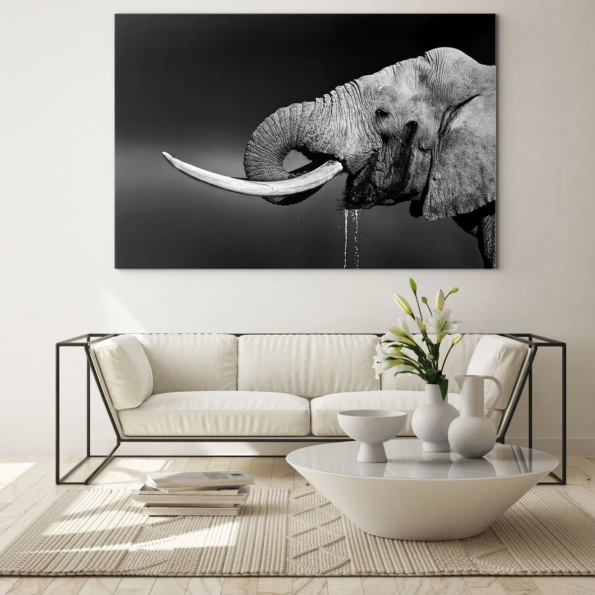 Obraz na skle - Černobílý portrét slona s chobotem - 70x50cm - Ano, teď je to dobré - Moderní nástěnná dekorace do obývacího pokoje a ložnice ARTTOR