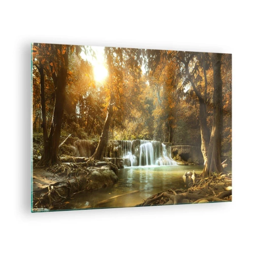 Obraz na skle - Vodopád v parku obklopeném stromy v podzimních barvách - 70x50cm - Parkový vodopád - Moderní nástěnná dekorace do obývacího pokoje a ložnice ARTTOR