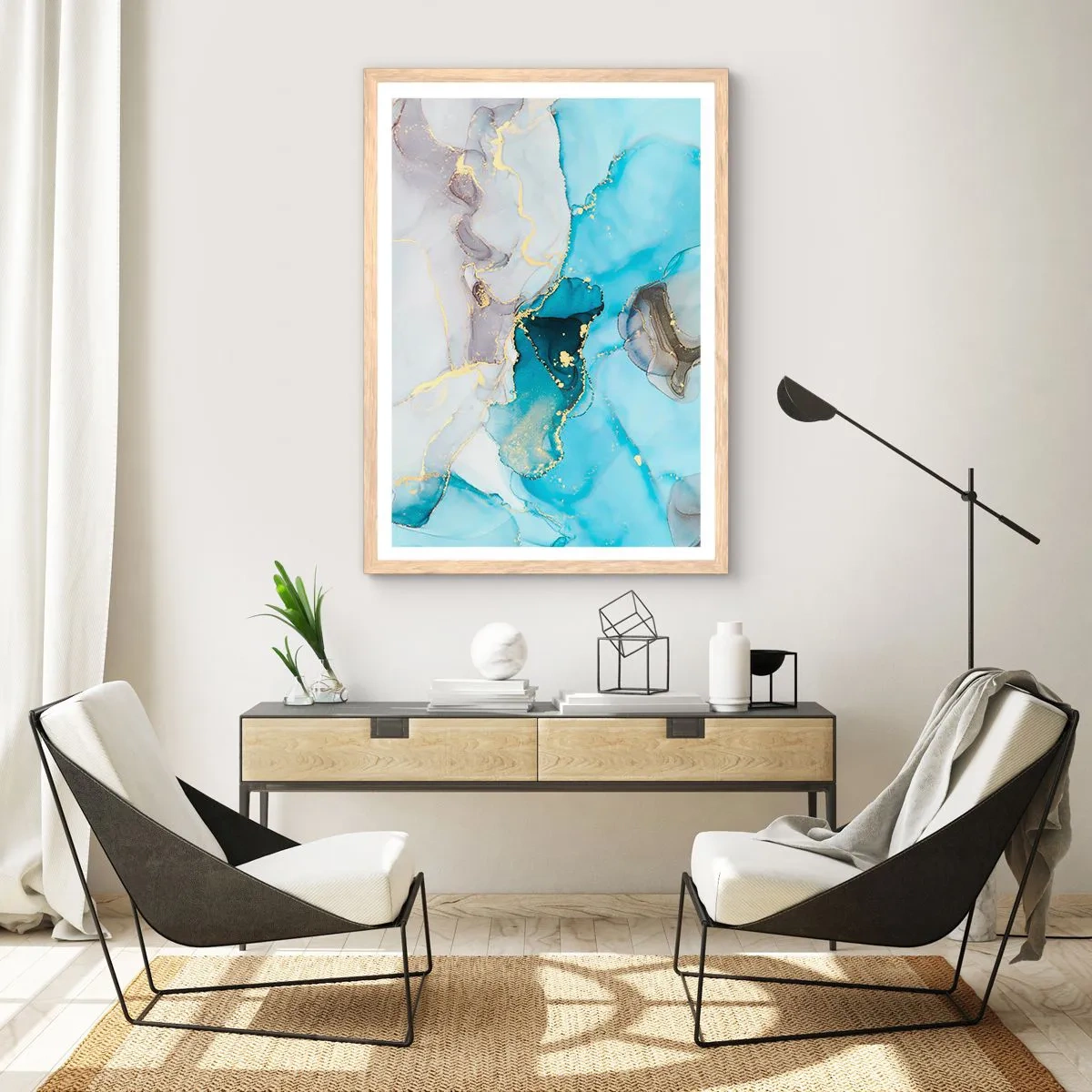 Plakát v rámu světlý dub - Studie o setkání šedé a tyrkysové - 61x91 cm