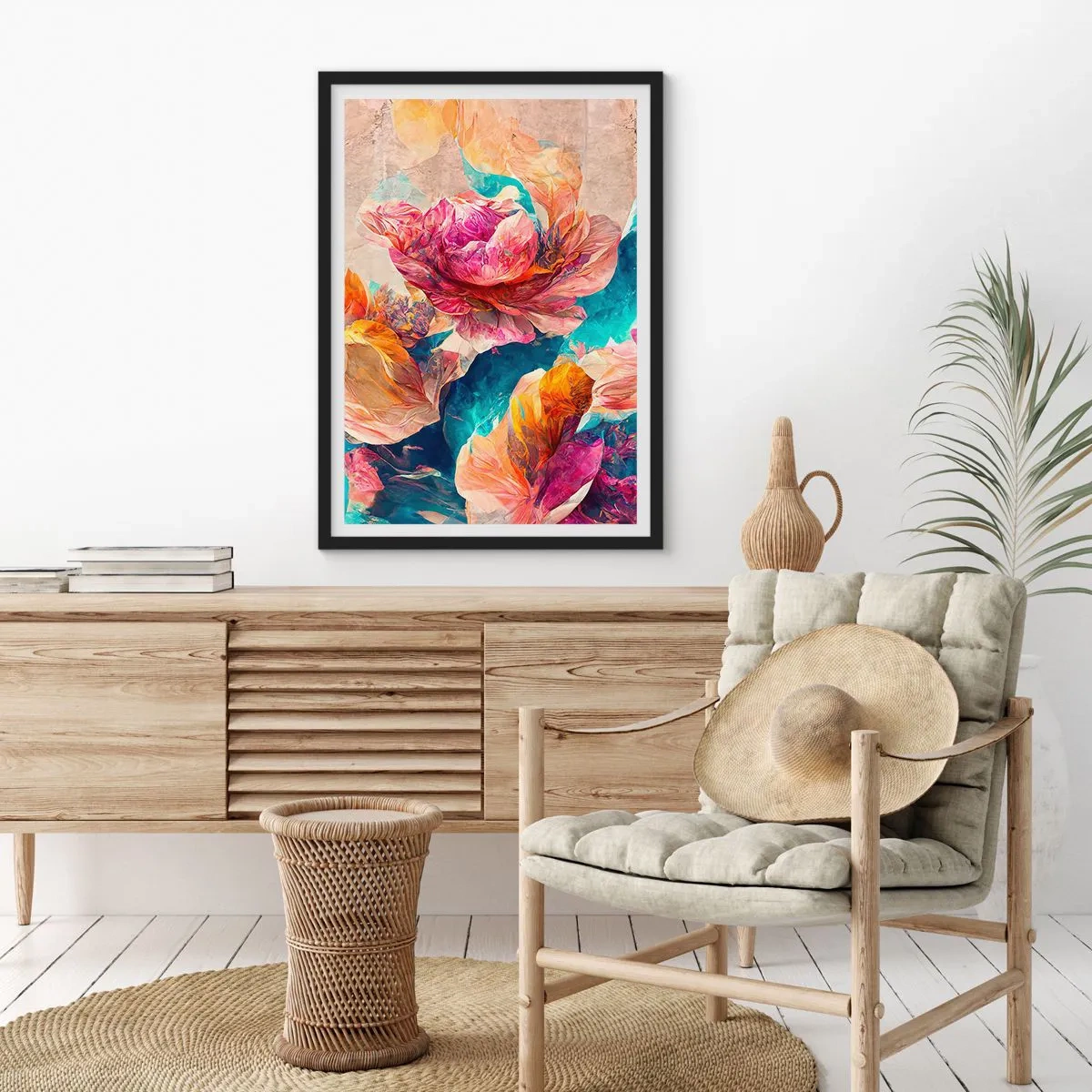 Plakát v černém rámu - Abstraktní květiny v odstínech růžové a tyrkysové - 50x70cm - Barevné bohatství kytice - Moderní nástěnná dekorace do obývacího pokoje a ložnice ARTTOR