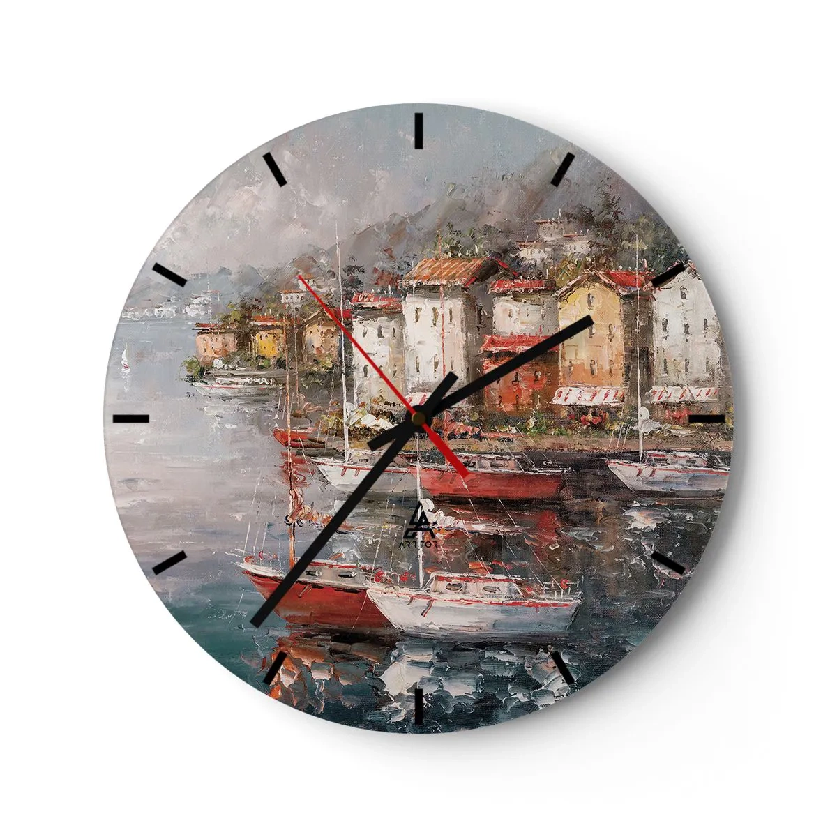 Nástěnné hodiny - Malebný přístav s plachetnicemi a pobřežními budovami - 30x30cm - Romantický přístav - Moderní nástěnná dekorace do obývacího pokoje, kuchyně a ložnice ARTTOR