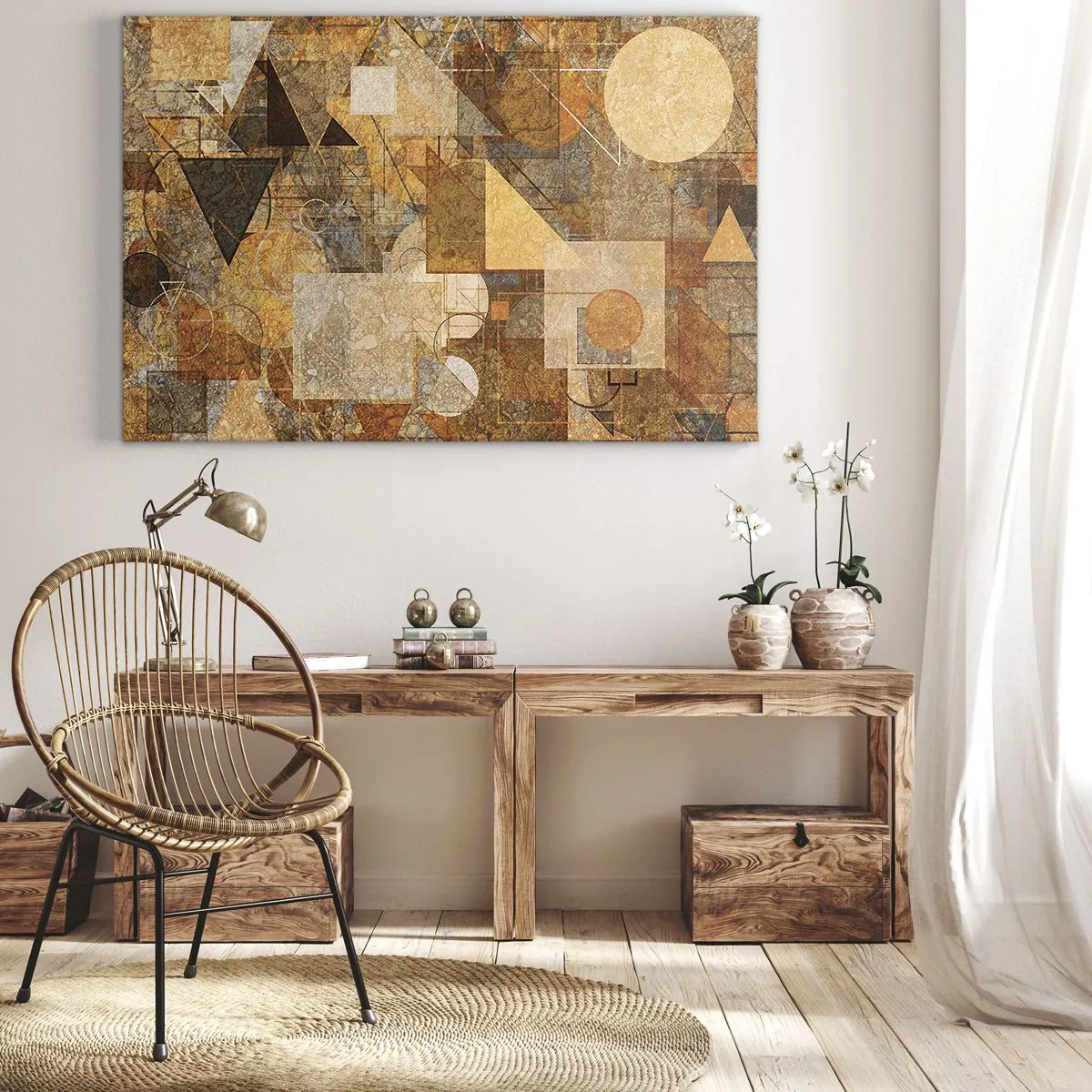 Obraz na plátně - Abstraktní geometrické obrazce v teplých odstínech - 70x50cm - Kubistická bronzová studie - Moderní nástěnná dekorace do obývacího pokoje a ložnice ARTTOR