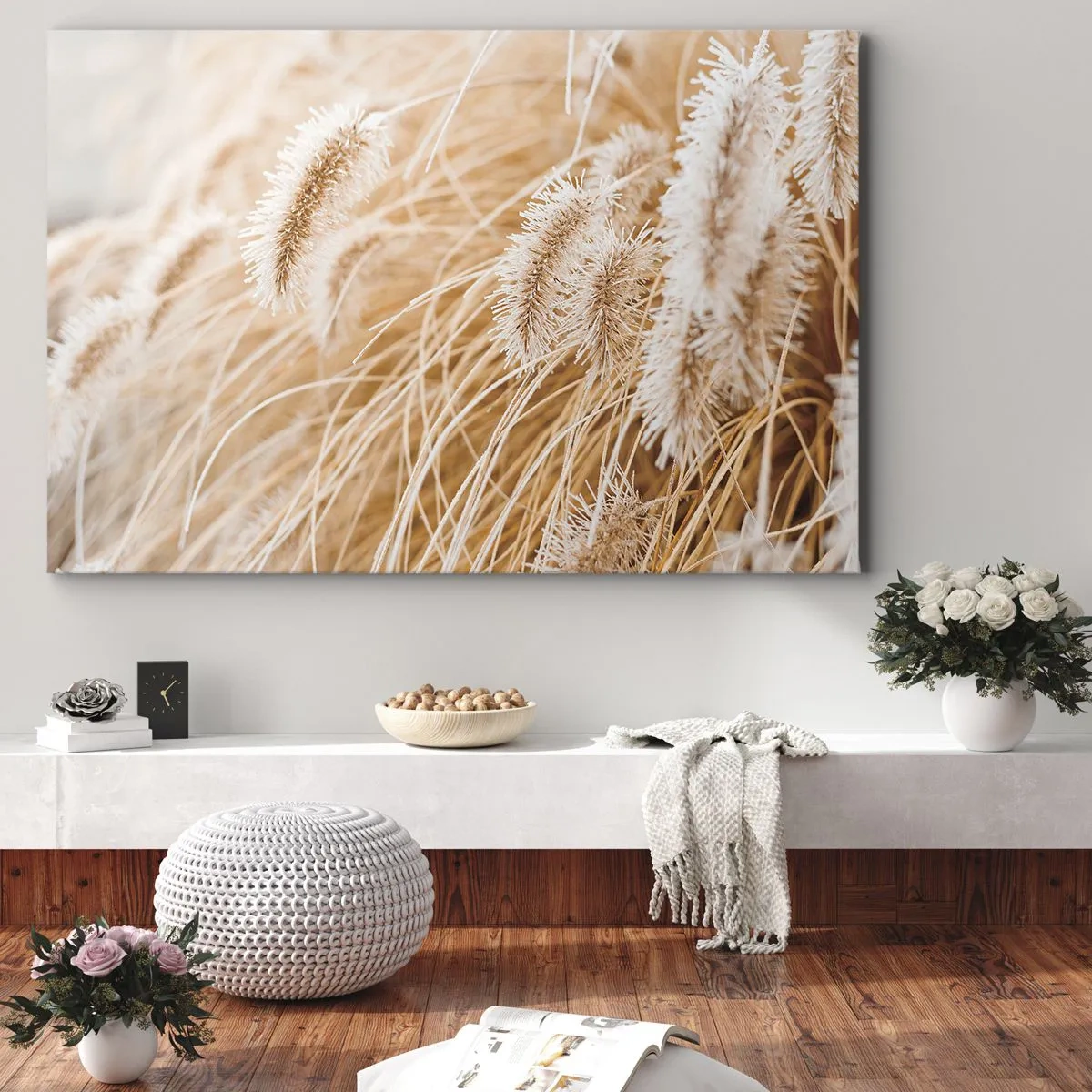 Obraz na plátně - Detail zlatavých, křehkých trav na slunci - 70x50cm - Zlaté šustění travin - Moderní nástěnná dekorace do obývacího pokoje a ložnice ARTTOR