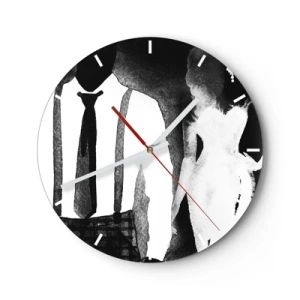 Nástěnné hodiny - Siluety ženy a muže v černobílé noirové atmosféře - 30x30cm - Ve stylu noir - Moderní nástěnná dekorace do obývacího pokoje, kuchyně a ložnice ARTTOR