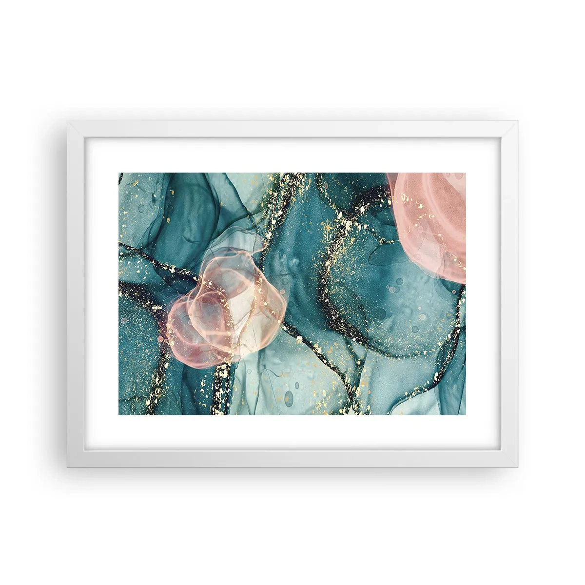 Plakát v bílém rámu - Modré hedvábí modré, růžový tyl - 40x30 cm