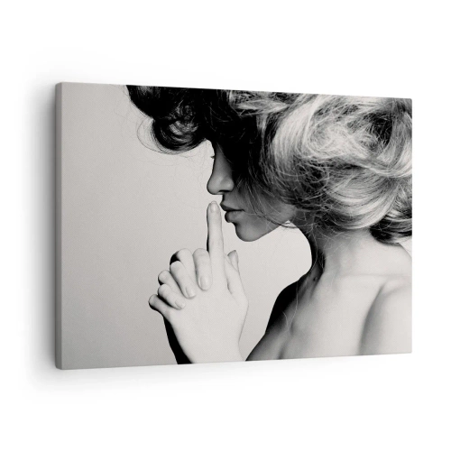Obraz na plátně - Černobílý profil ženy ukazující ticho - 70x50cm - Zahleděná do sebe - Moderní nástěnná dekorace do obývacího pokoje a ložnice ARTTOR