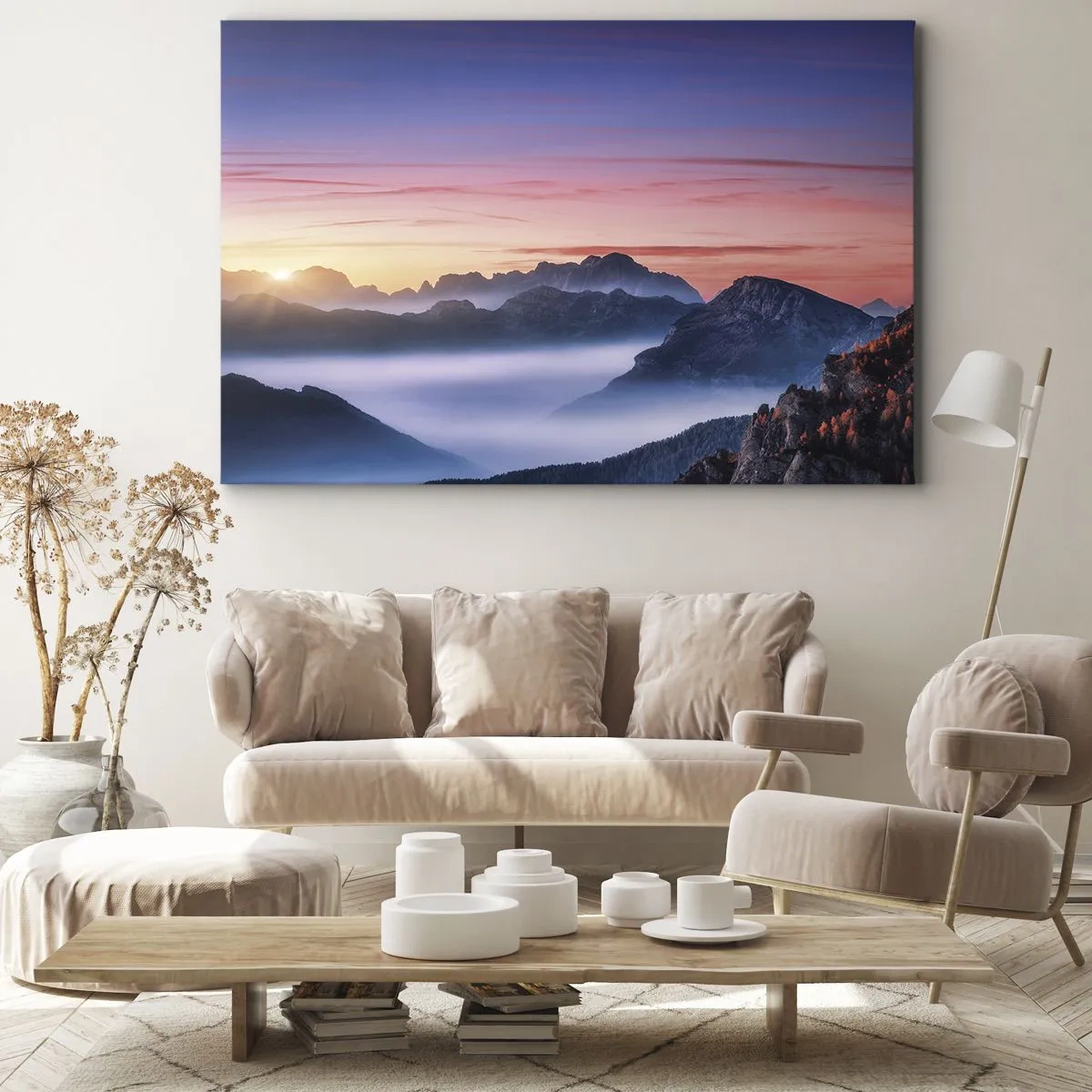 Obraz na plátně - Horská krajina při východu slunce s mlhou v údolích - 70x50cm - Nad údolími - Moderní nástěnná dekorace do obývacího pokoje a ložnice ARTTOR